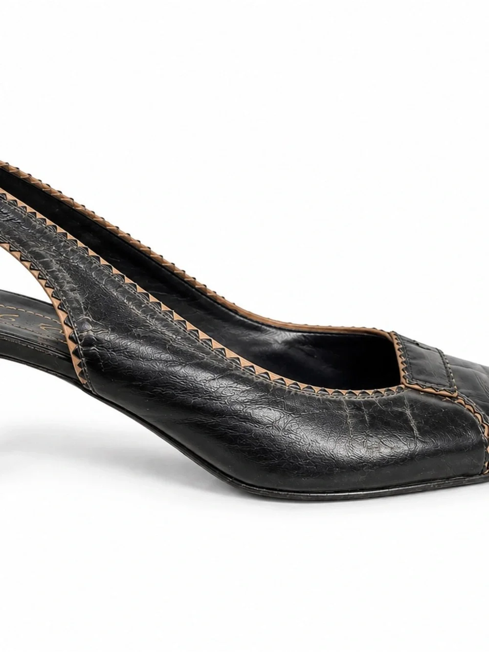 BCBG Black Leather Slingback Pump with Brown Trim